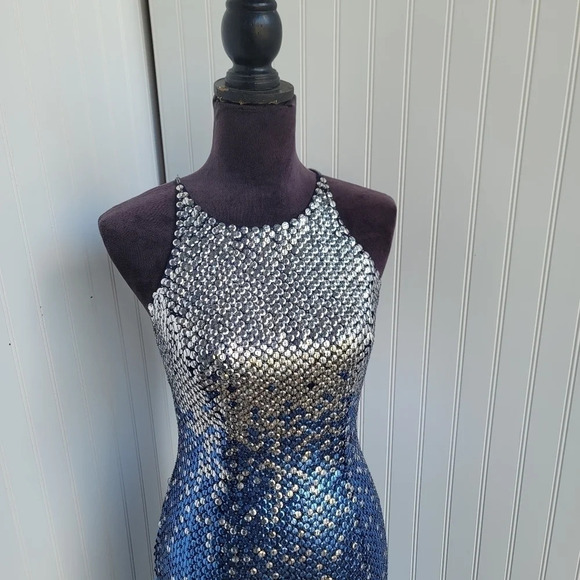 Cache Womens Sequin Blue Silver Maxi Formal Dress Prom Queen Slit Open Back Sz 4 - Picture 10 of 16